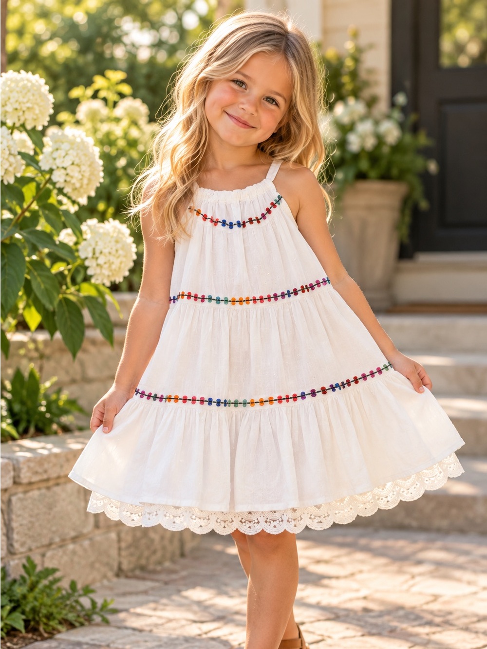 Matilda Jane Girls Size 4 White Embroidered Tiered Boho Dress